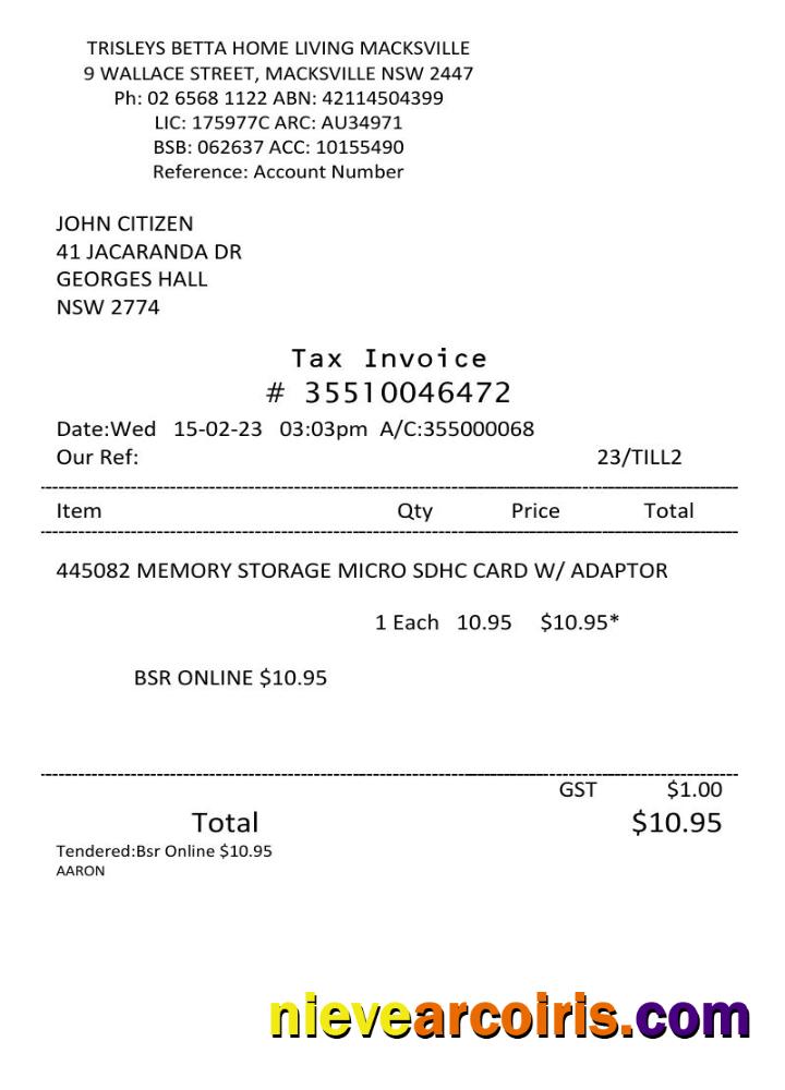 USA Trisleys Betta Home tax invoice